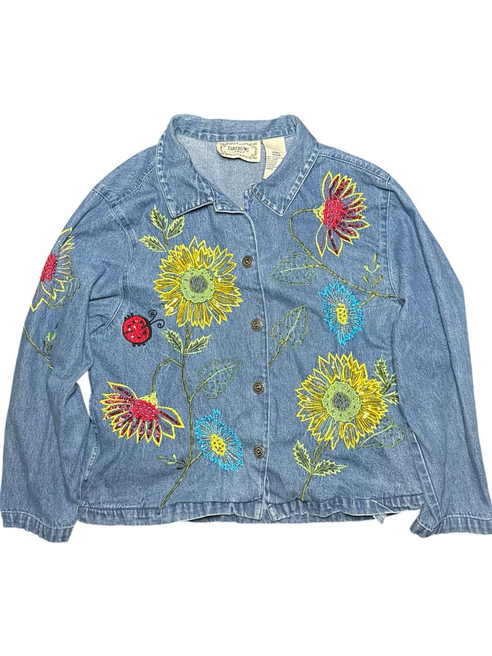 Tantrums Colorful Embroidered Sunflower Denim Lightweight Vintage Jacket